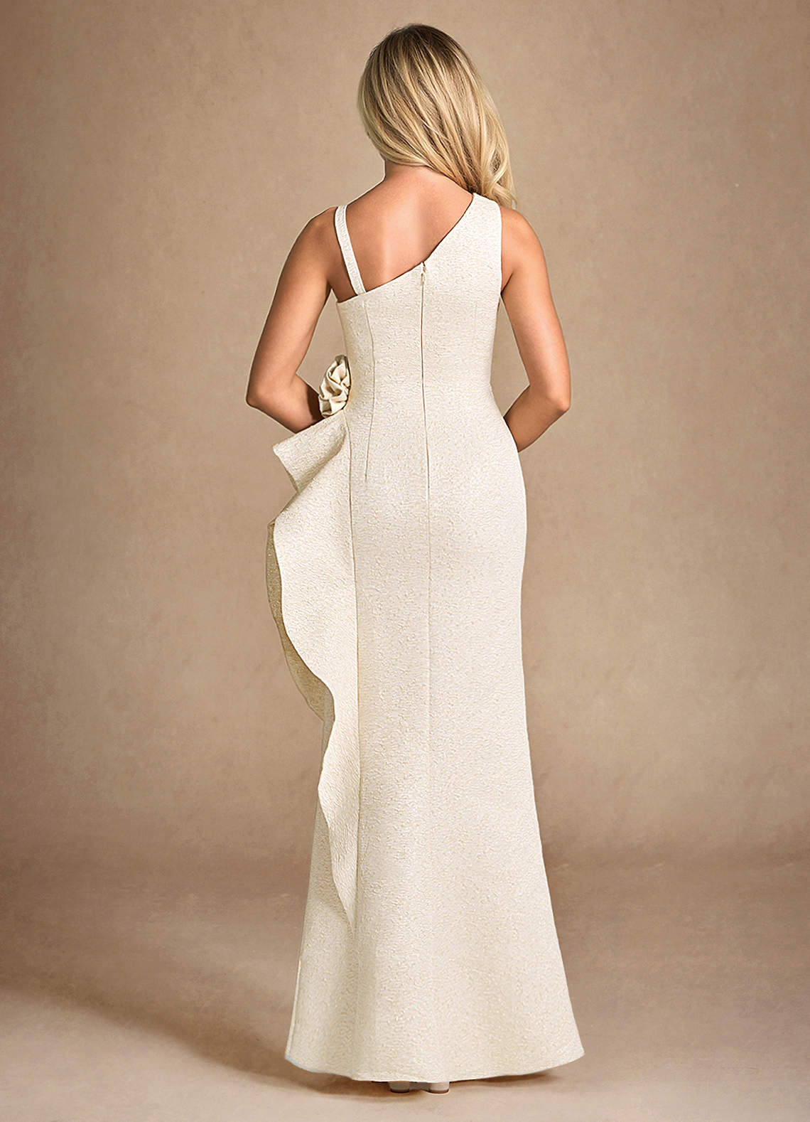Azazie Patrisha Mother of the Bride Dresses Light Gold Jacquard Mermaid One Shoulder Metallic Jacquard Dress image4