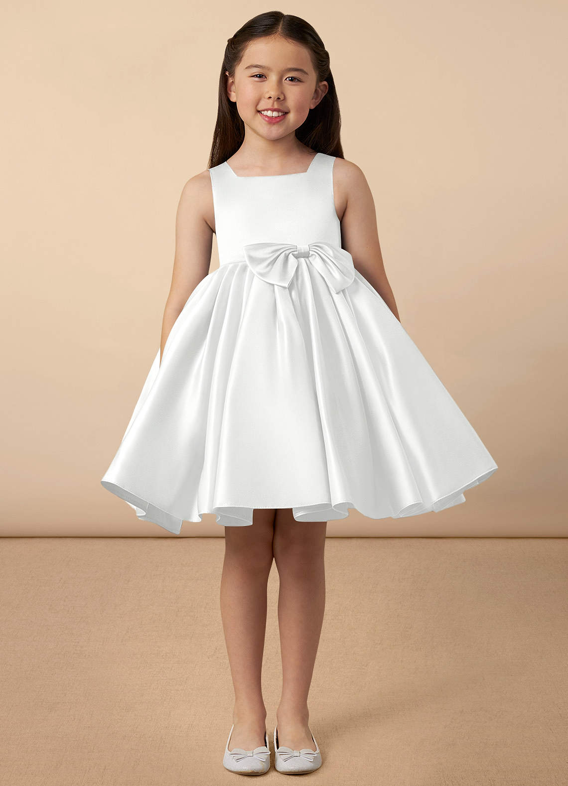 Azazie Bo Peep Flower Girl Dresses Diamond White A-Line Bow Matte Satin Dress image1