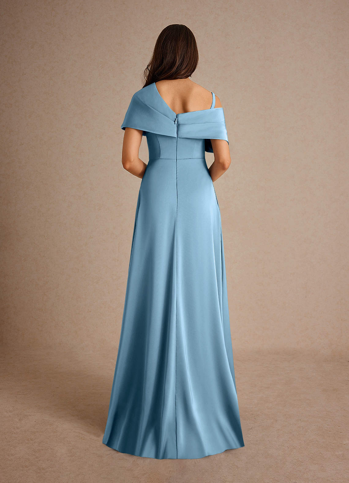 Azazie Milton Mother of the Bride Dresses Steel Blue A-Line Pleated Stretch Satin Dress image3