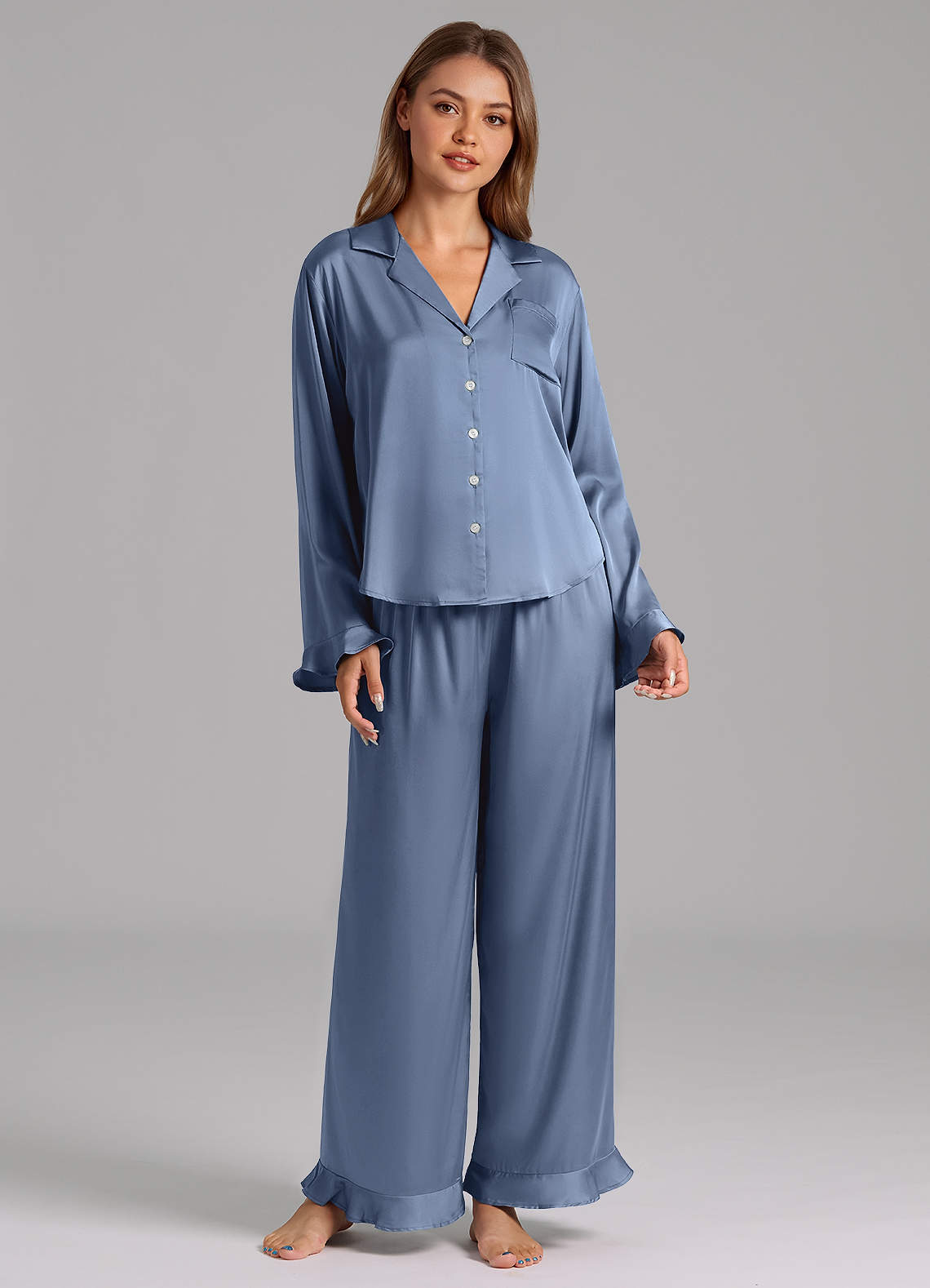 front Matching Color Ruffled Satin Long Sleeve Pajama Set