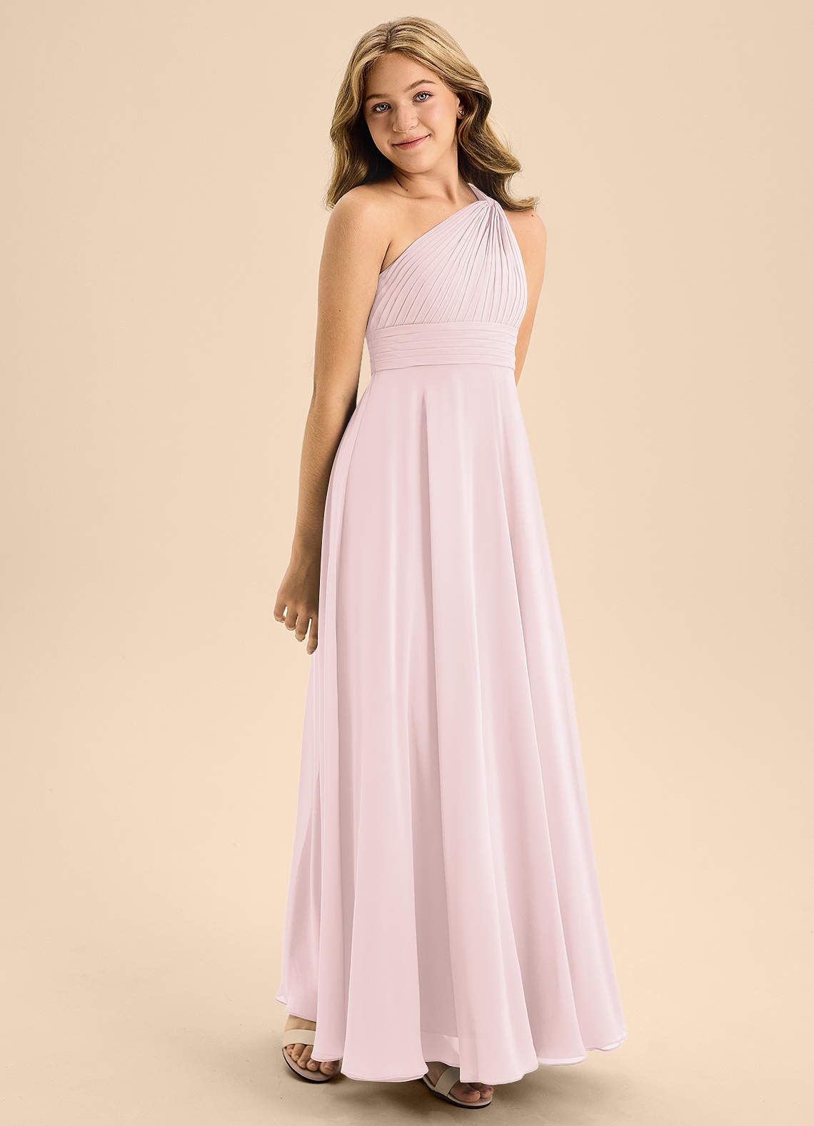 Azazie Charlize Junior Blushing Pink A-Line Pleated Chiffon Dress image4