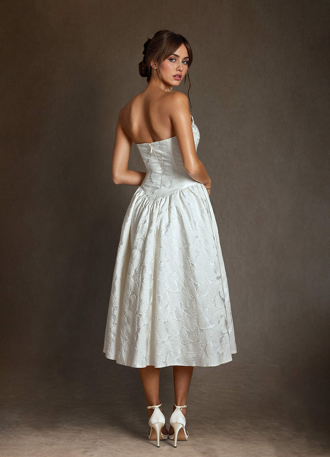Azazie Devam Wedding Dresses Diamond White A-Line Strapless Floral Jacquard Dress image8