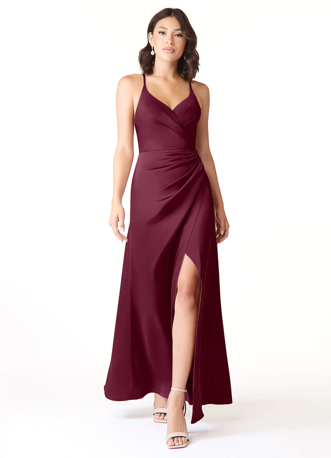 Azazie Geanna Brautjungfernkleider Etui V-Hals Gefaltet Stretch-Satin Kleid Maulbeerrot image1