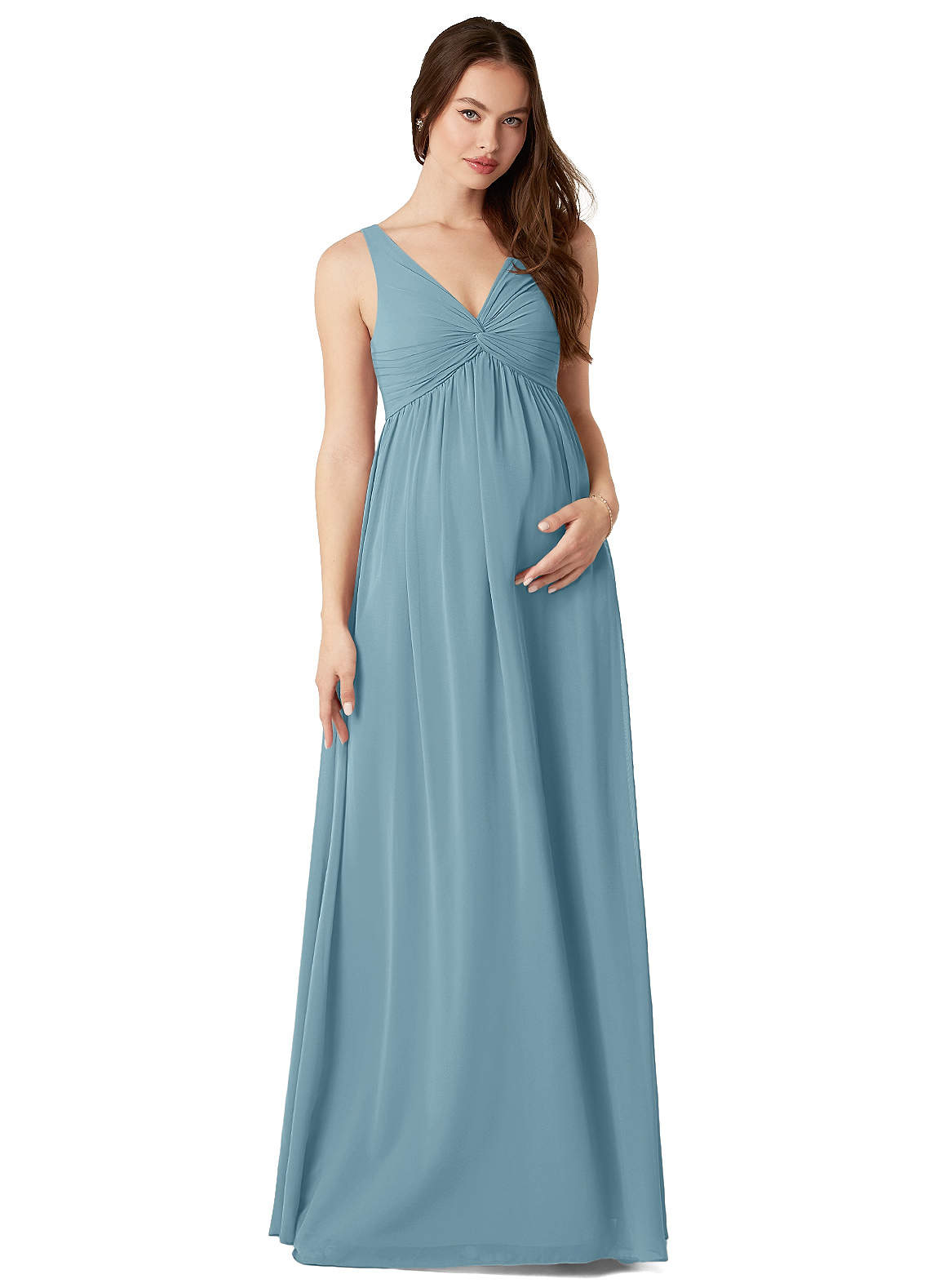 Azazie Yetta Maternity Bridesmaid Dresses A-Line V-Neck Gathered Chiffon Floor-Length Dress image1