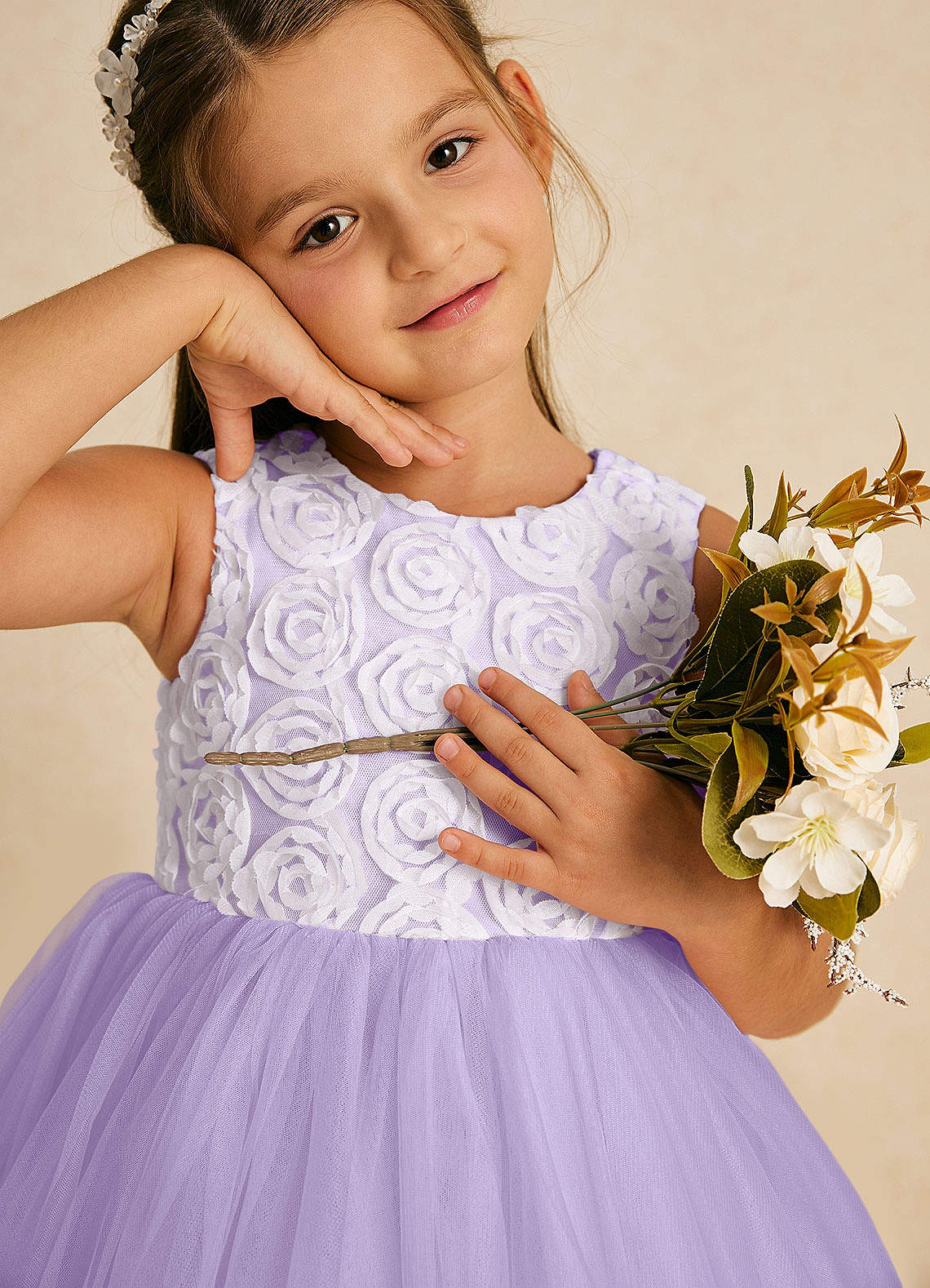 Azazie Missy Flower Girl Dresses Ivory Lilac A-Line Sleeveless Tulle Dress image1