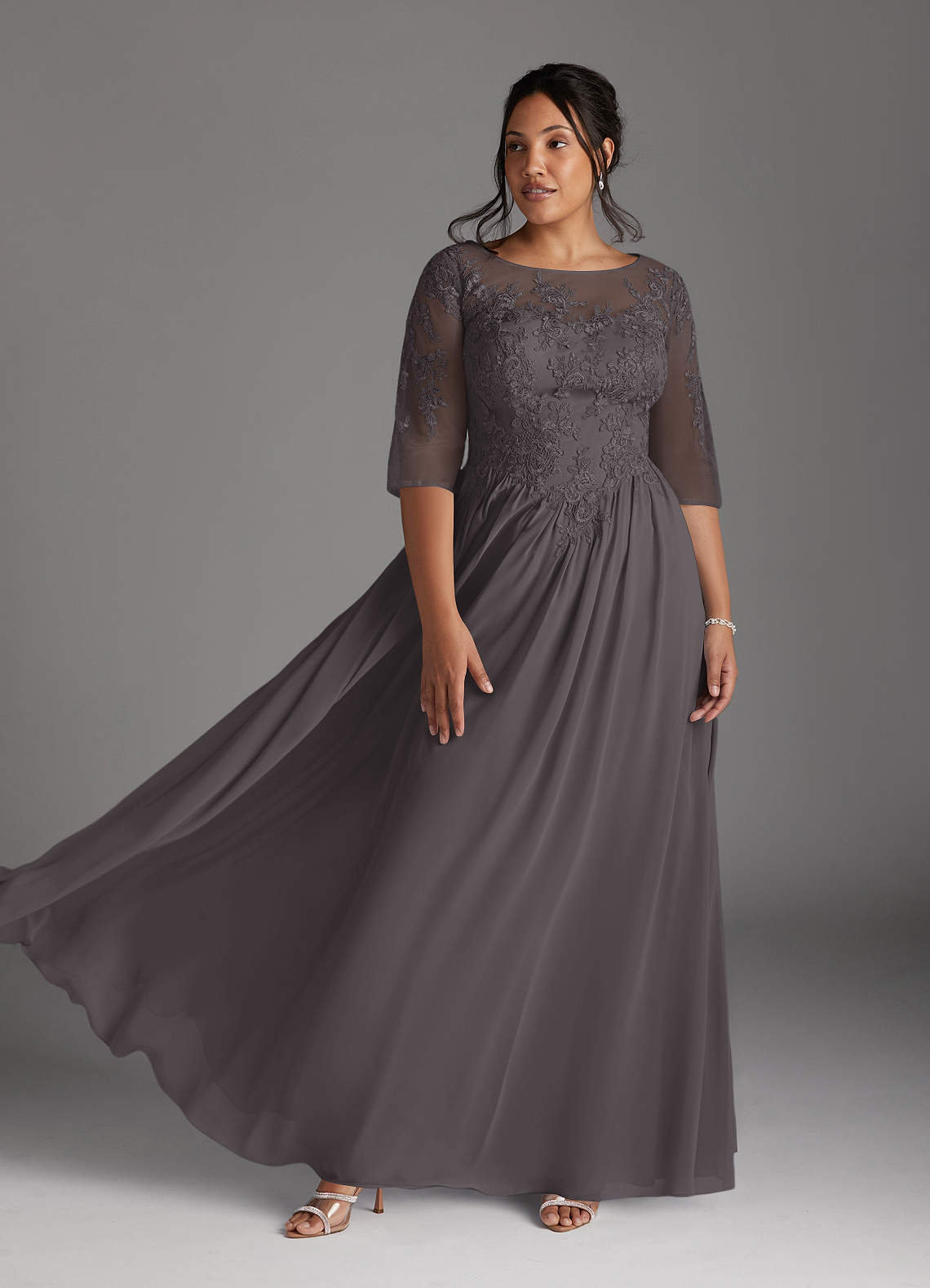Azazie Mirielle Mother of the Bride Dresses Steel Grey A-Line Scoop Lace Chiffon Dress image1