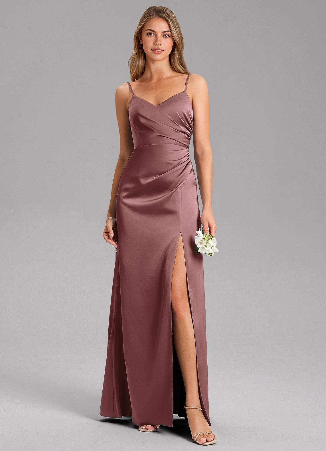 Azazie Azuree Bridesmaid Dresses Vintage Mauve A-Line Pleated Stretch Satin Dress image1
