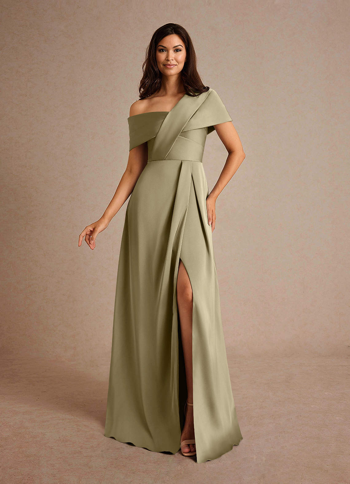 Azazie A-Line/Princess Asymmetrical neckline Floor-Length Stretch Satin Mother of the Bride or Groom Dresses - Moss Green