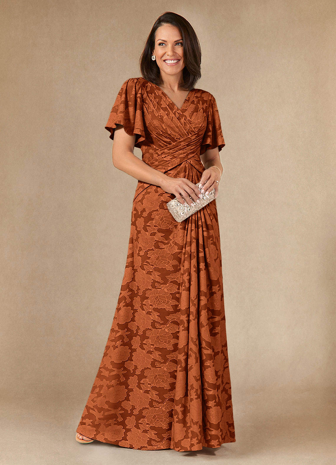 Azazie Emmeline Mother of the Bride Dresses Burnt Orange A-Line Pleated Floral Burnout Dress image1