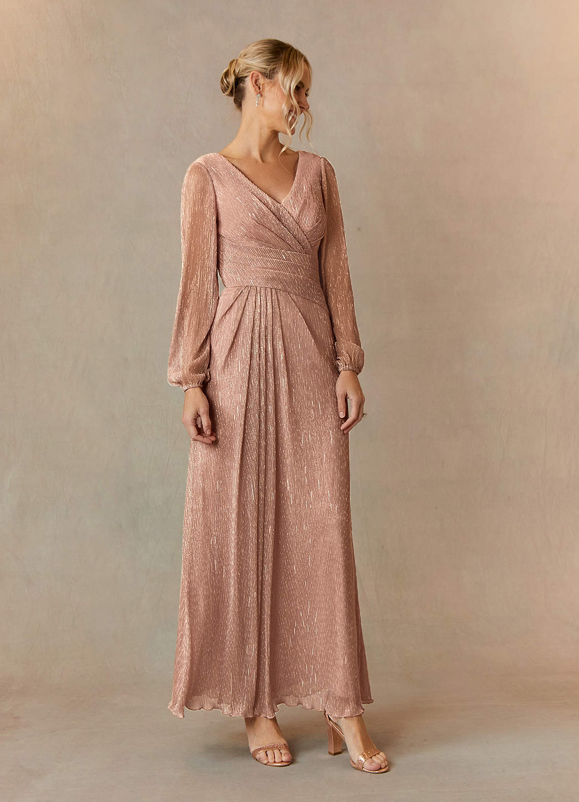 Upstudio Winslow At-home Try On Dresses Rose Gold A-Line V-Neck Pleated Metallic Mesh Dress image1