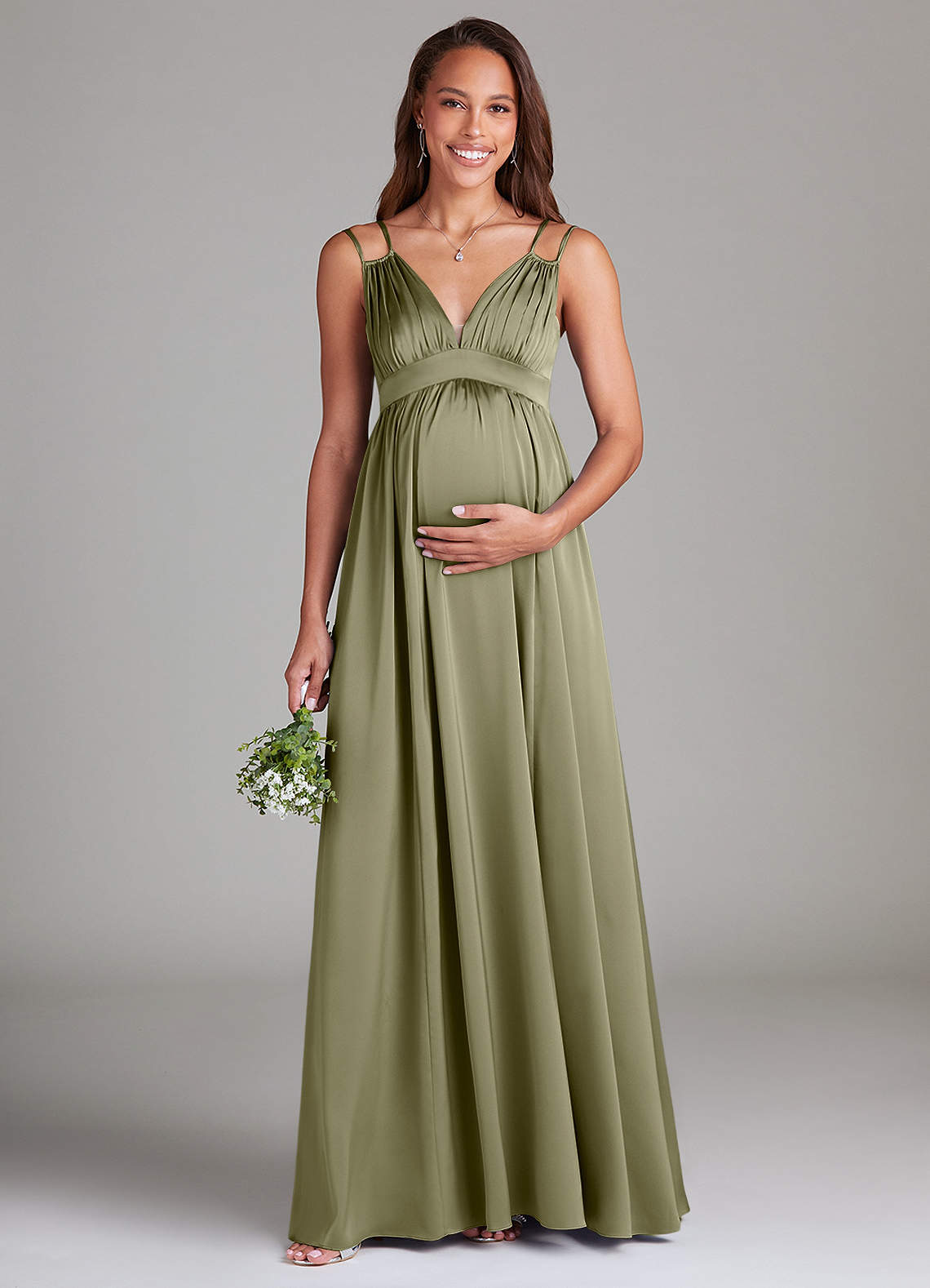 Azazie Emree Gravid brudtärna klänningar Klänning A-Linje med fickor Golvlängd Stretch Satin image1