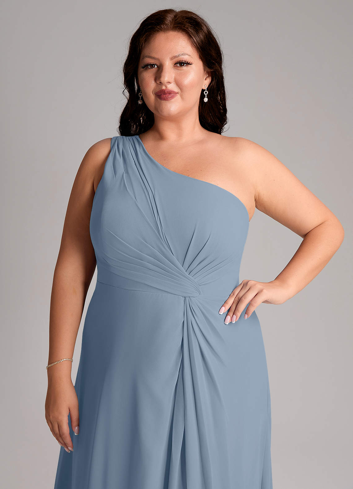 Azazie Brooke Bridesmaid Dresses Dusty Blue A-Line One Shoulder Chiffon Dress image13