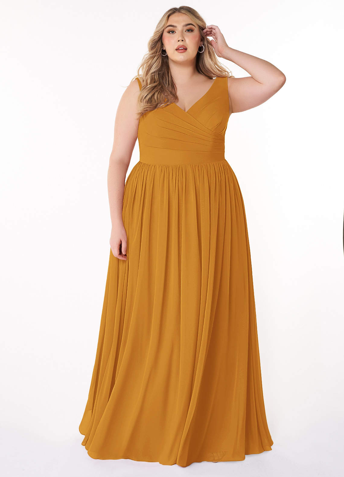 Azazie Keyla Bridesmaid Dresses Butterscotch A-Line V-Neck Pleated Chiffon Dress image1