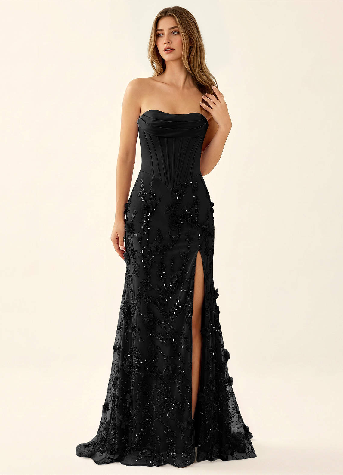 Iliana Black 3D Flower Beaded Corset Dress | Azazie