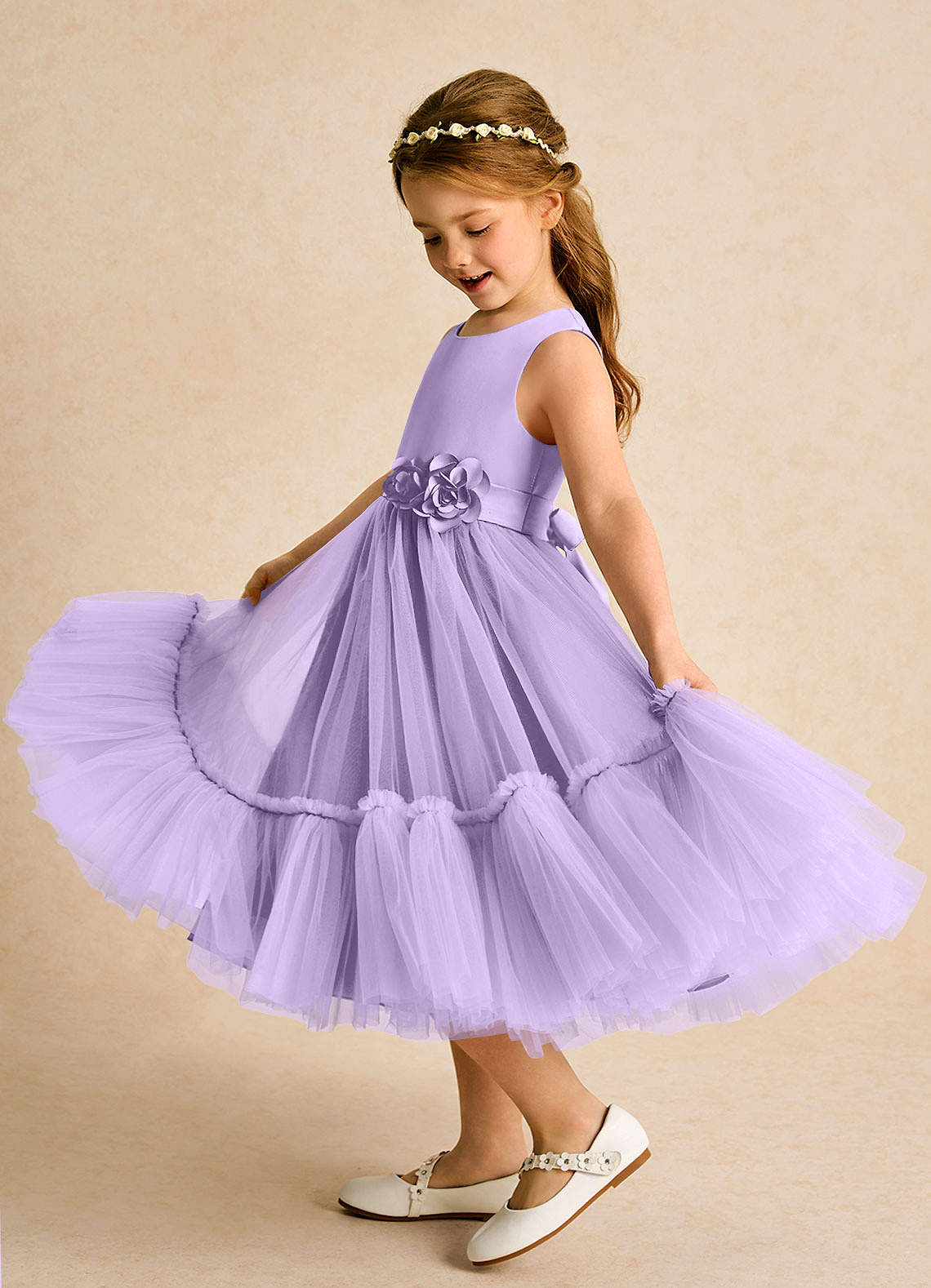 Azazie Miracle Robe Demoiselle D'honneur Fillette Robe Trapèze en Mat Satiné Arc Lilas image1