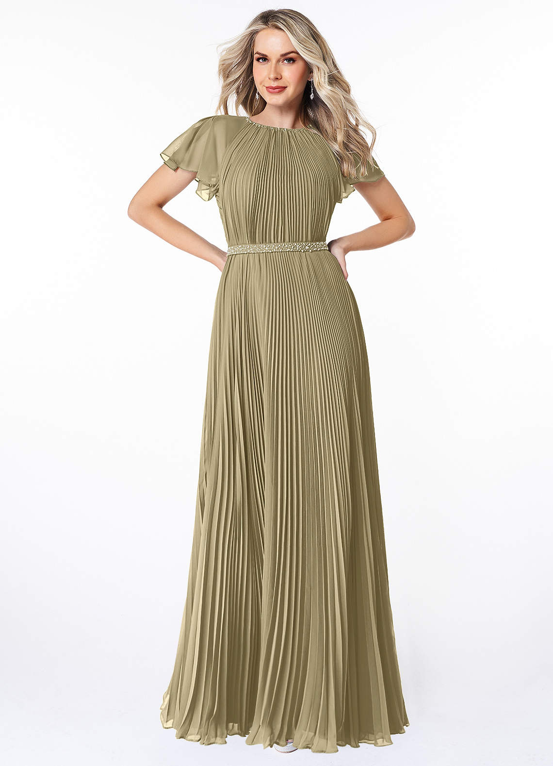 Azazie Kara Bescheiden Bruidsmeisjekleding A-Lijn Geplooid Chiffon Vloerlengte Jurk image1