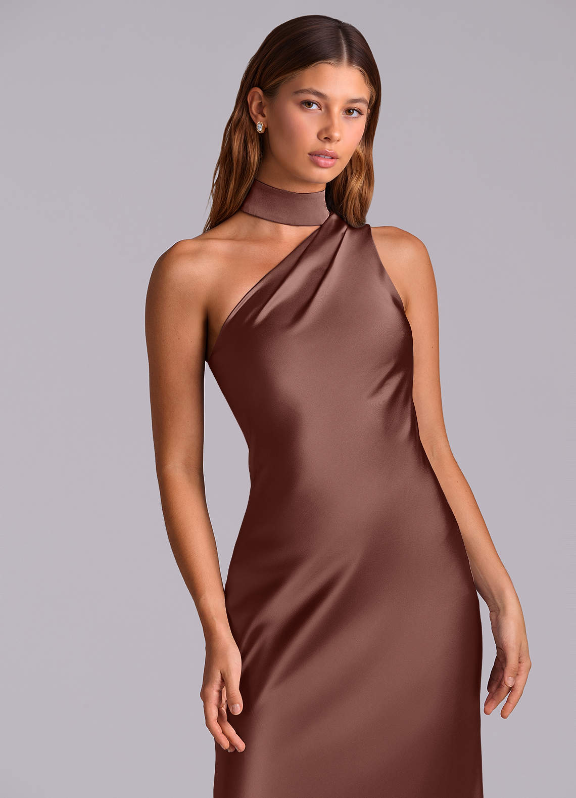 Azazie Seona Vestidos de madrinha de casamento Vestido Café Expresso de Cetim elástico de sereia com Um ombro image1