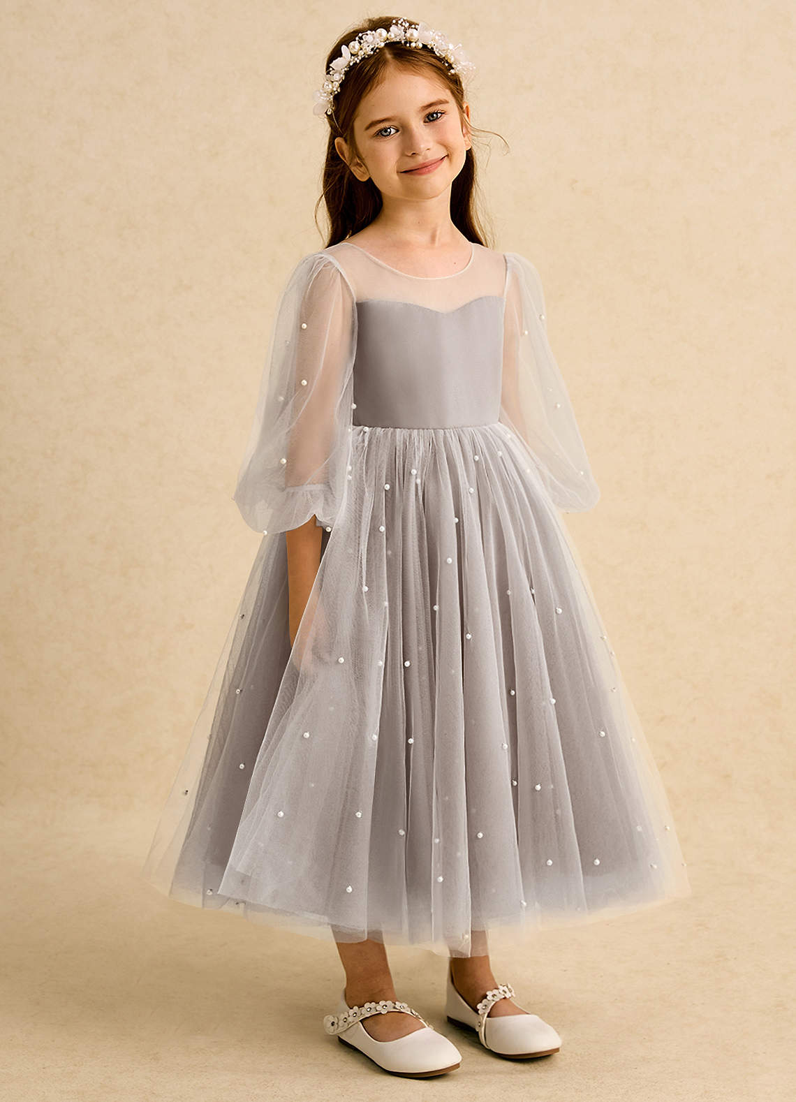 Azazie Trudy Flower Girl Dresses Taupe Ball-Gown Sweetheart Neckline Tulle Dress image1