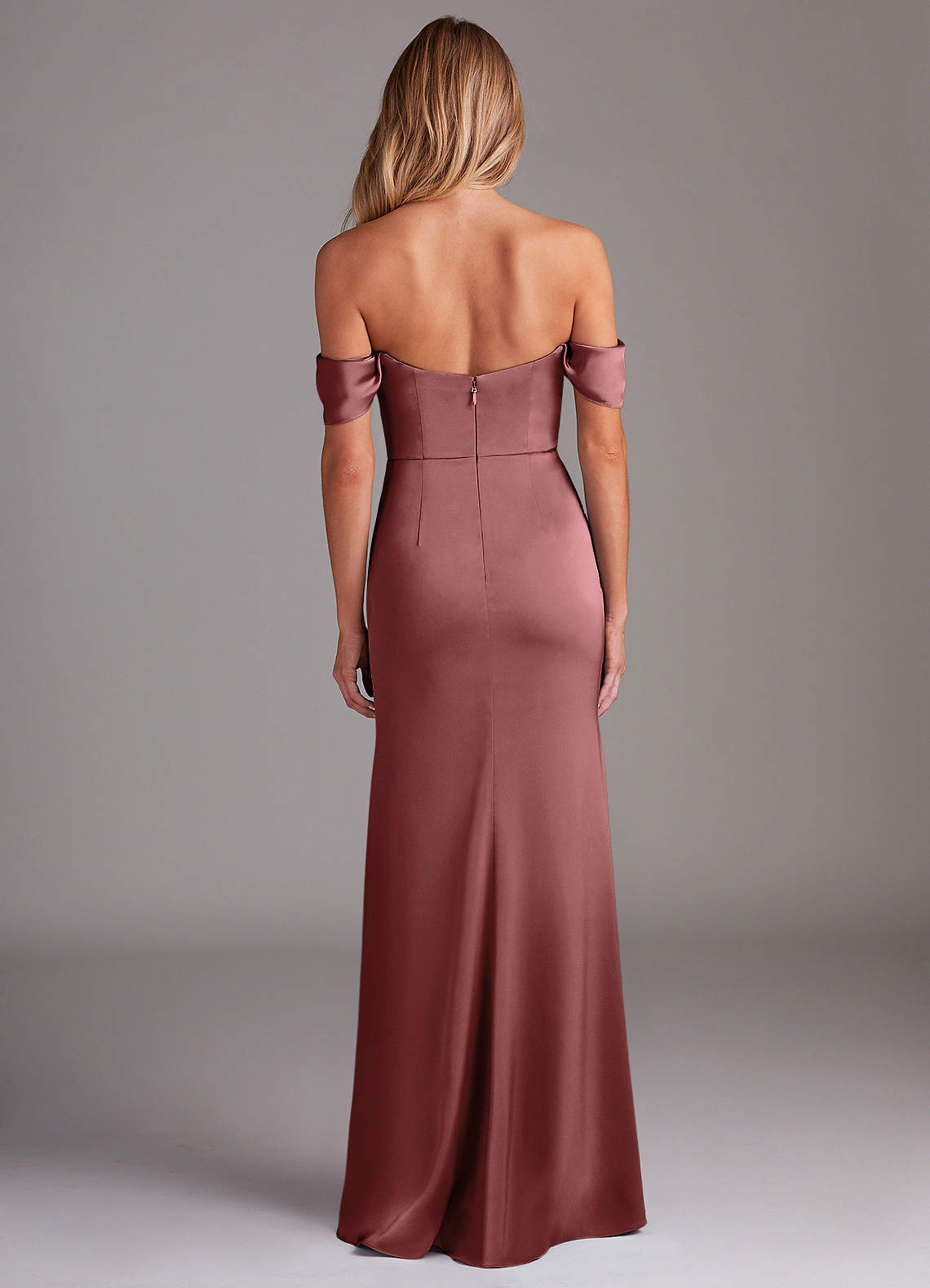 Azazie Saige Bridesmaid Dresses Amethyst Sheath Off the Shoulder Stretch Satin Dress image9