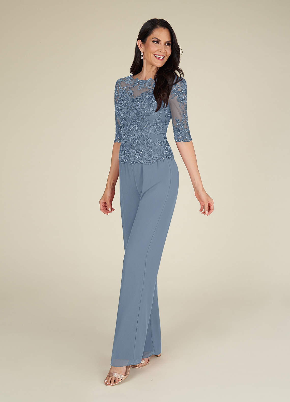 Azazie Florida Abiti per la Madre della Sposa Abito Tuta Pantaloni in Chiffon Lustrini Blu Polveroso image4