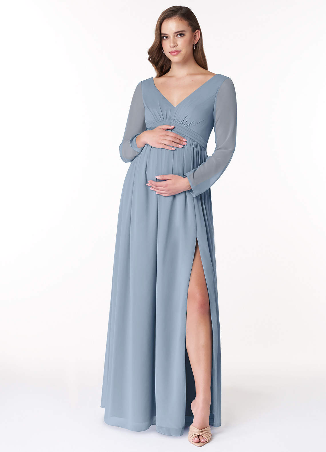 Azazie Teton Ready to Ship Dusty Blue Maternity Bridesmaid Dresses | Azazie