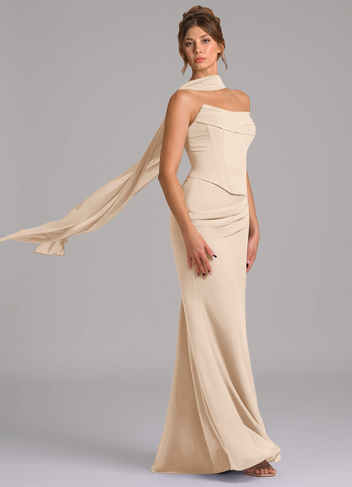 Azazie Sorrel Jurken voor bruidsmeisjes Jurk van Chiffon met Zeemeermin Korset Wit Albast image2