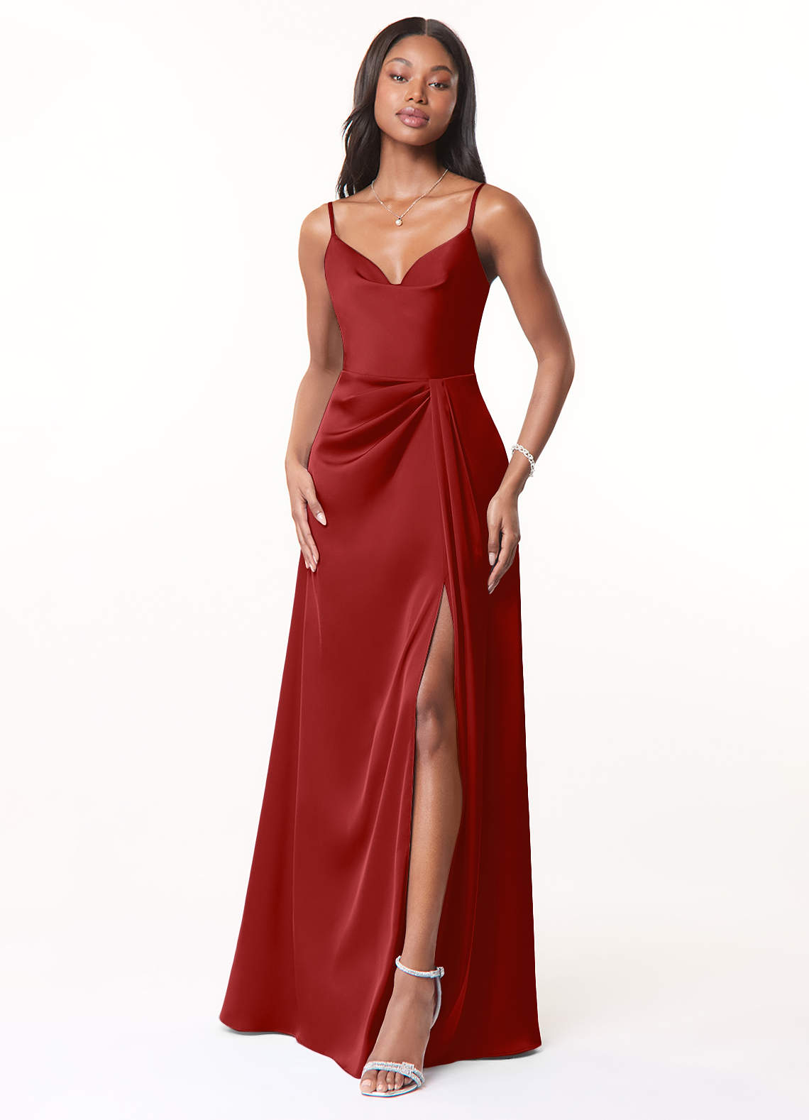 Azazie Brielle Robes de demoiselle d'honneur Robe Trapèze en Satin extensible Bretelles spaghetti Grenade image1