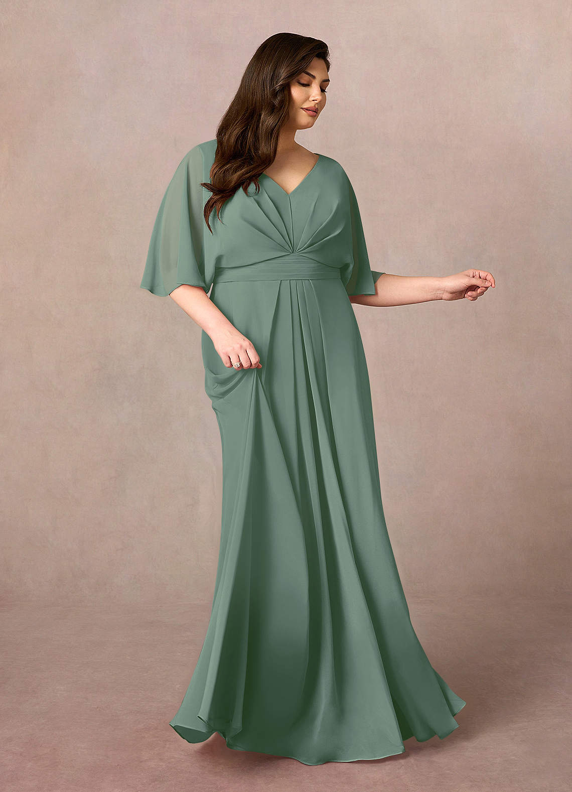Azazie Oksana Eucalyptus A-Line V-Neck Pleated Chiffon Dress | Azazie