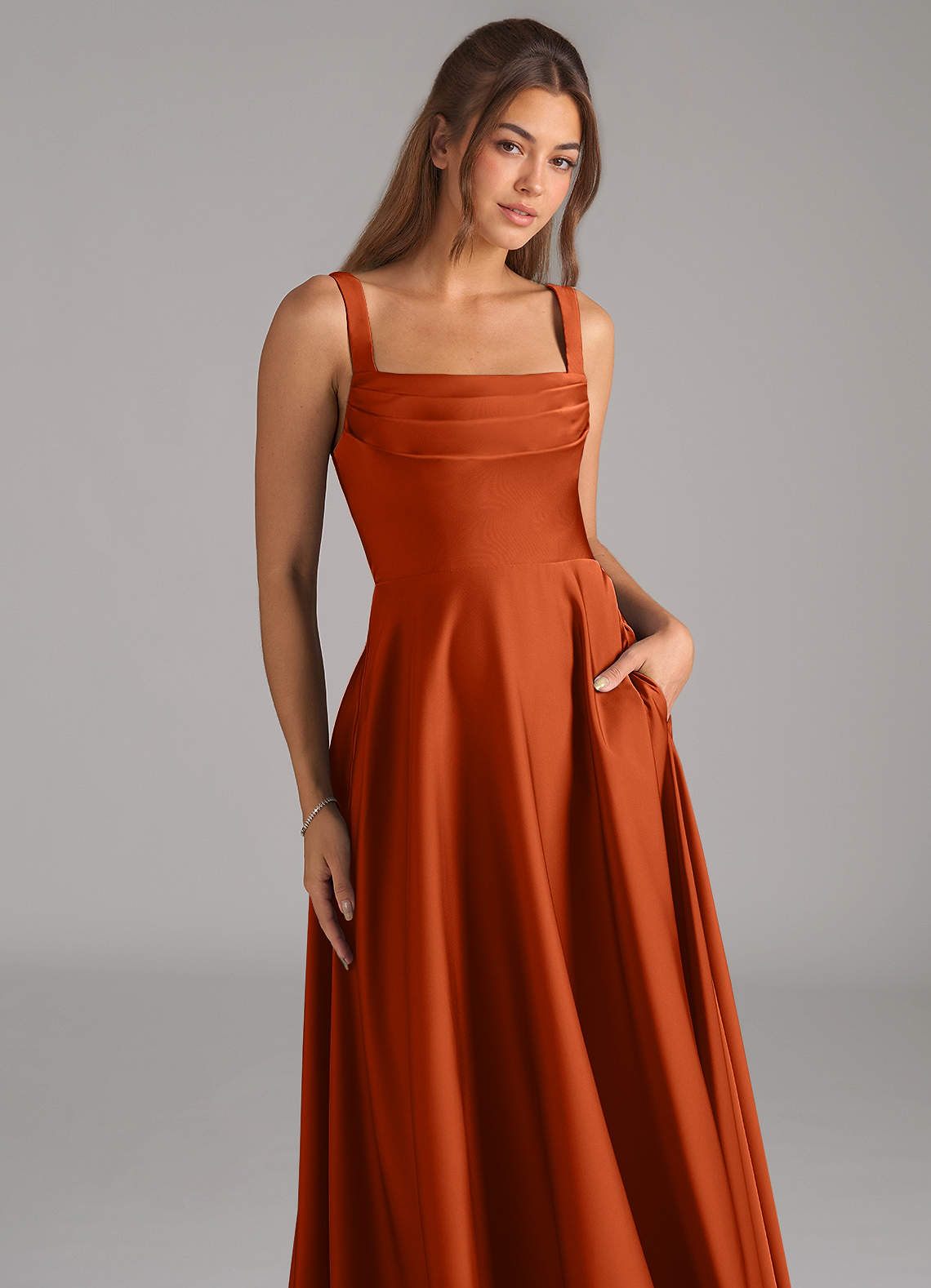 Azazie Shaude Bridesmaid Dresses Burnt Orange A-Line Pleated Stretch Satin Dress image1