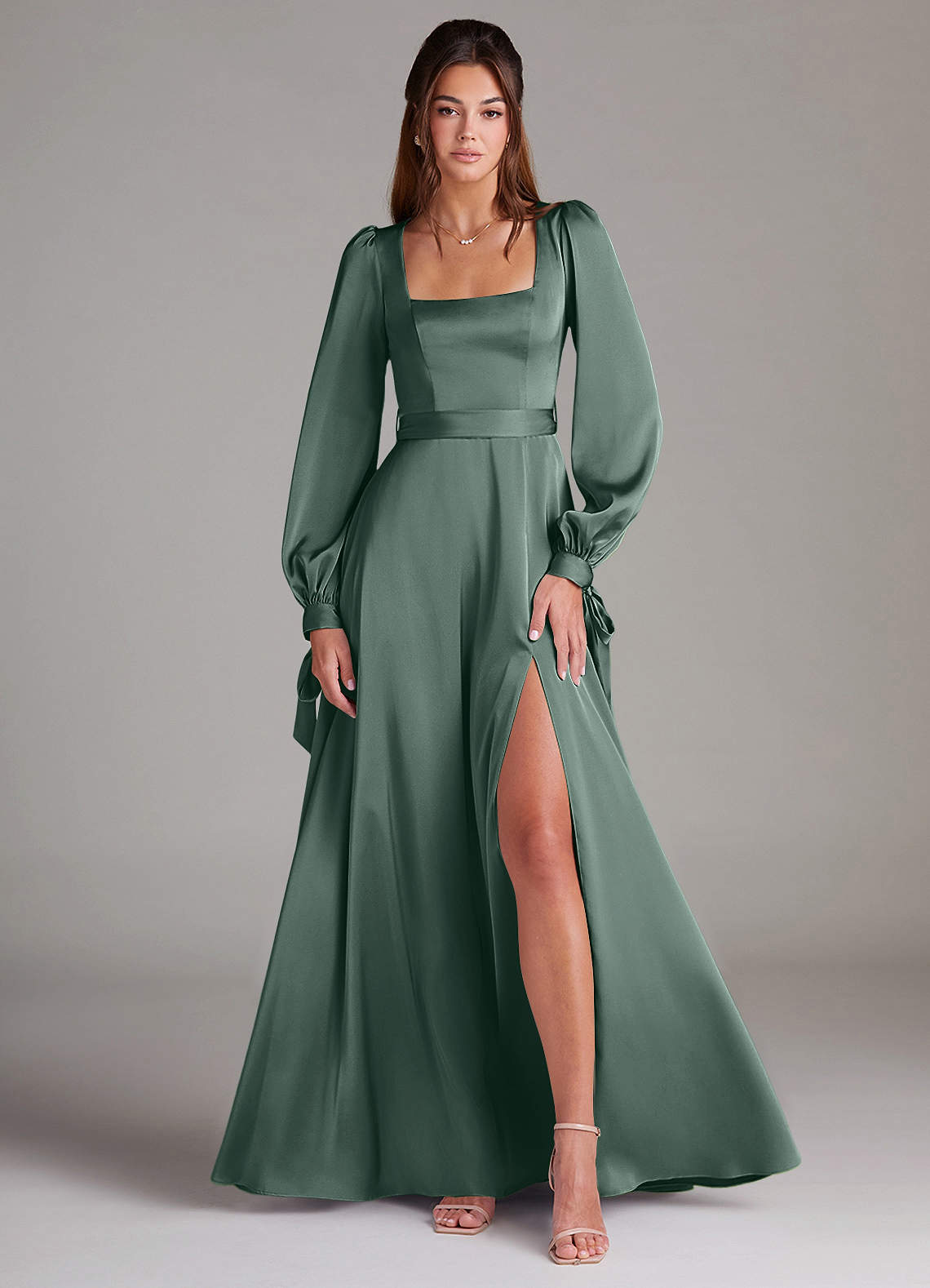 Azazie Leonia Bridesmaid Dresses Sea Moss A-Line Long Sleeve Stretch Satin Dress image1