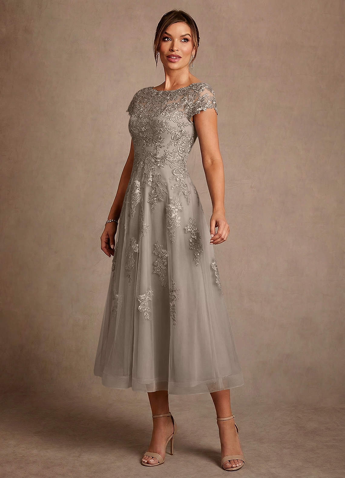 Azazie Jolanda Mother of the Bride Dresses Taupe A-Line Lace Dress image3