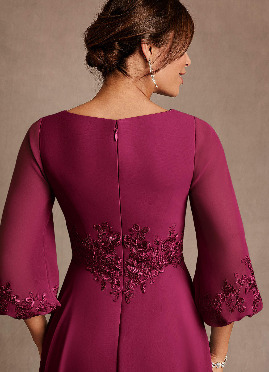 Azazie Yorba At-home Try On Dresses Burgundy A-Line Lace Chiffon Dress image5