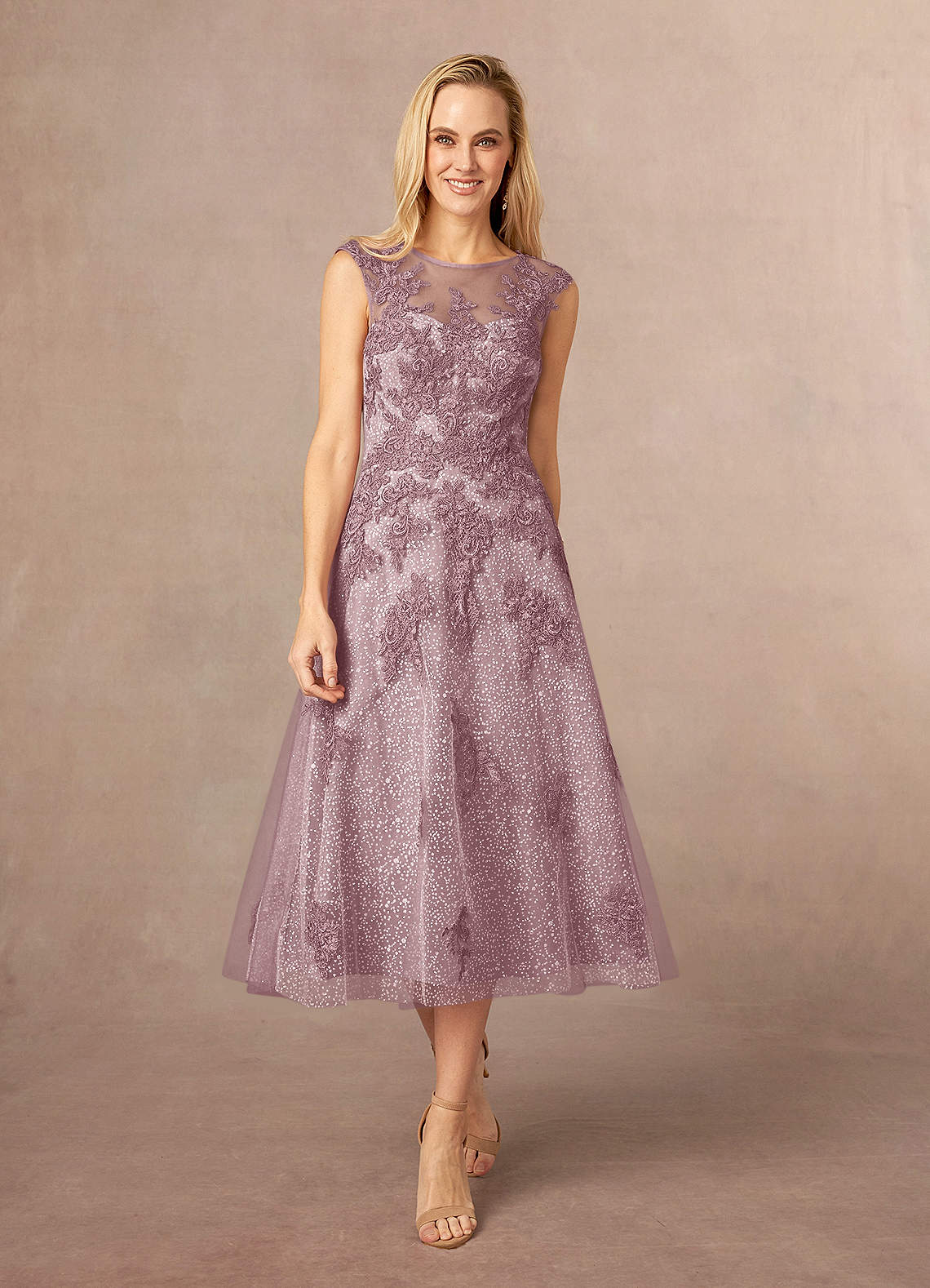 Azazie Flynn Mother of the Bride Dresses Dusty Rose A-Line Boatneck Lace Tulle Dress image1