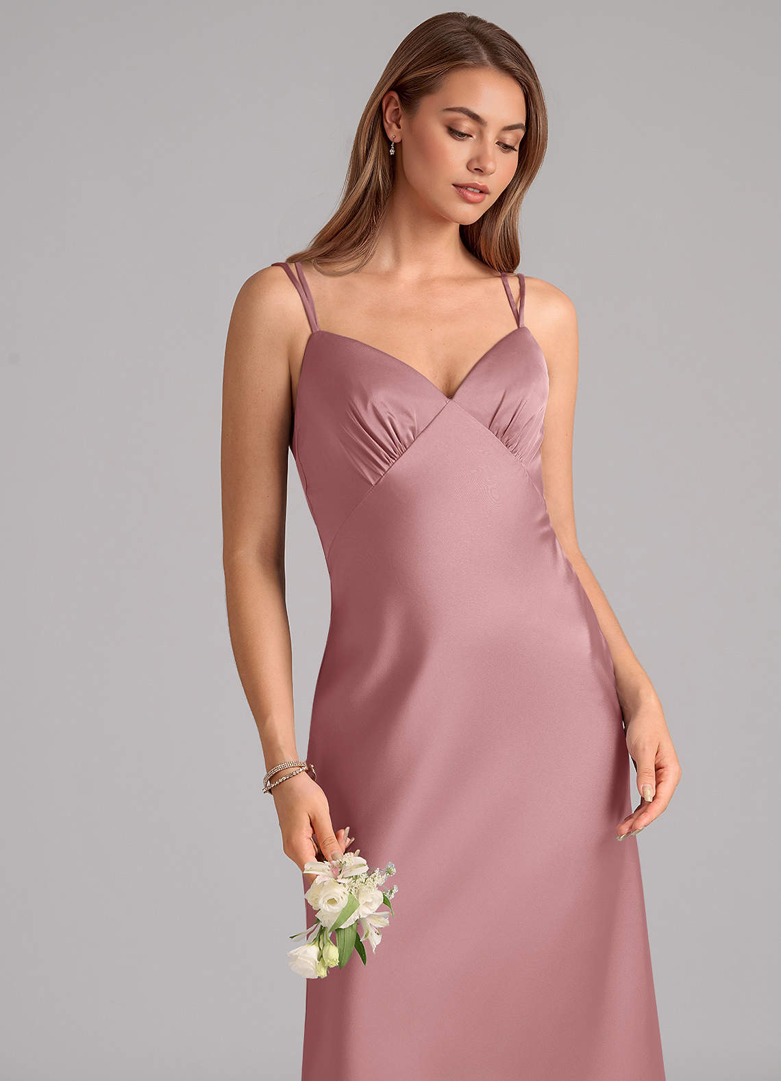 Azazie Suttona Vestidos de damas de honor Vestido de Rosa Polvorienta de Satén Elástico de Corte en A con Plisado image6