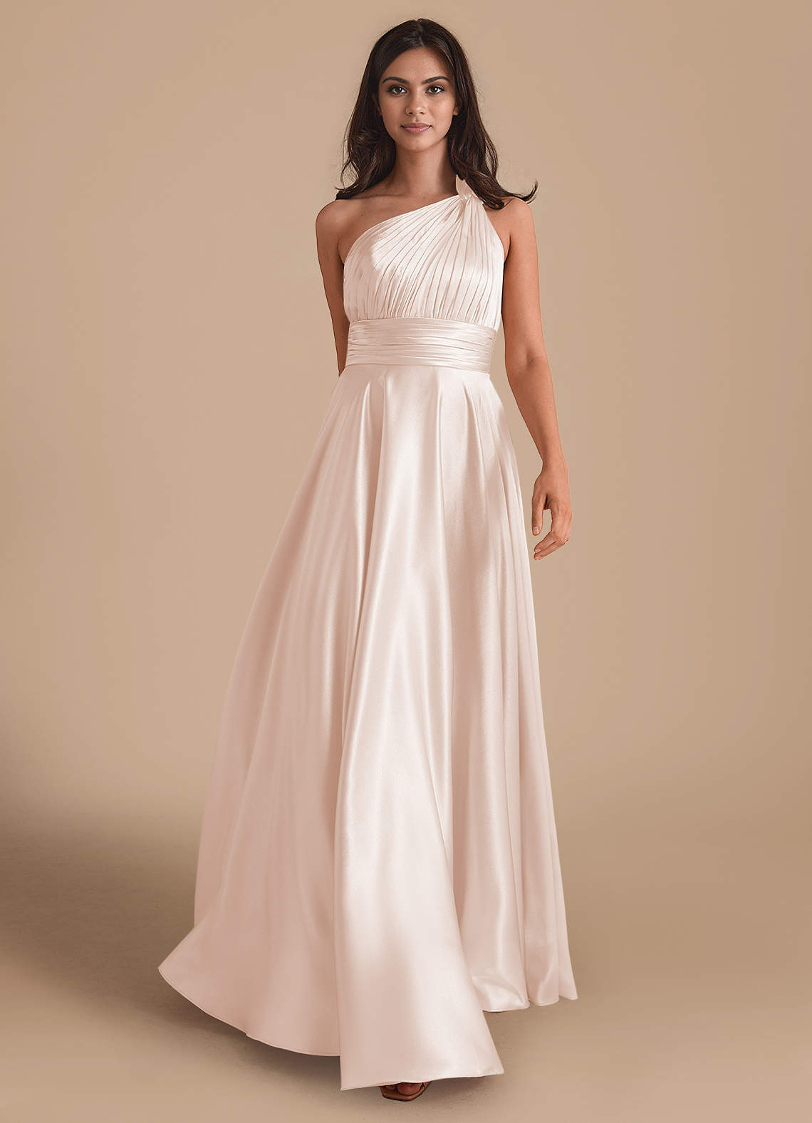 Azazie Charlize Bridesmaid Dresses Rose Gold A-Line One Shoulder Metallic Satin Dress image1