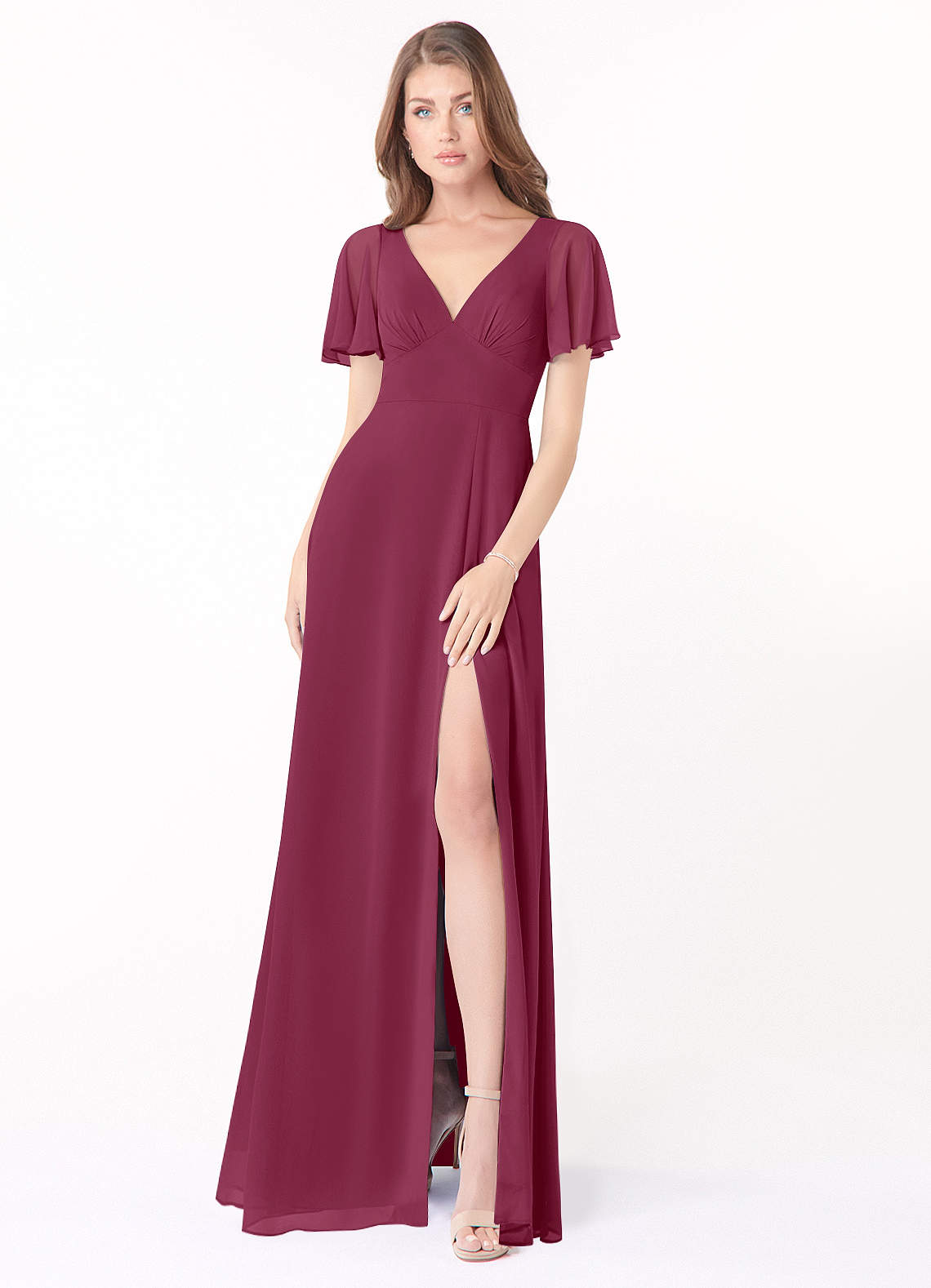 Azazie Kimber Brautjungfernkleider A-Linie Volantärmel Chiffon Kleid Maulbeerrot image1
