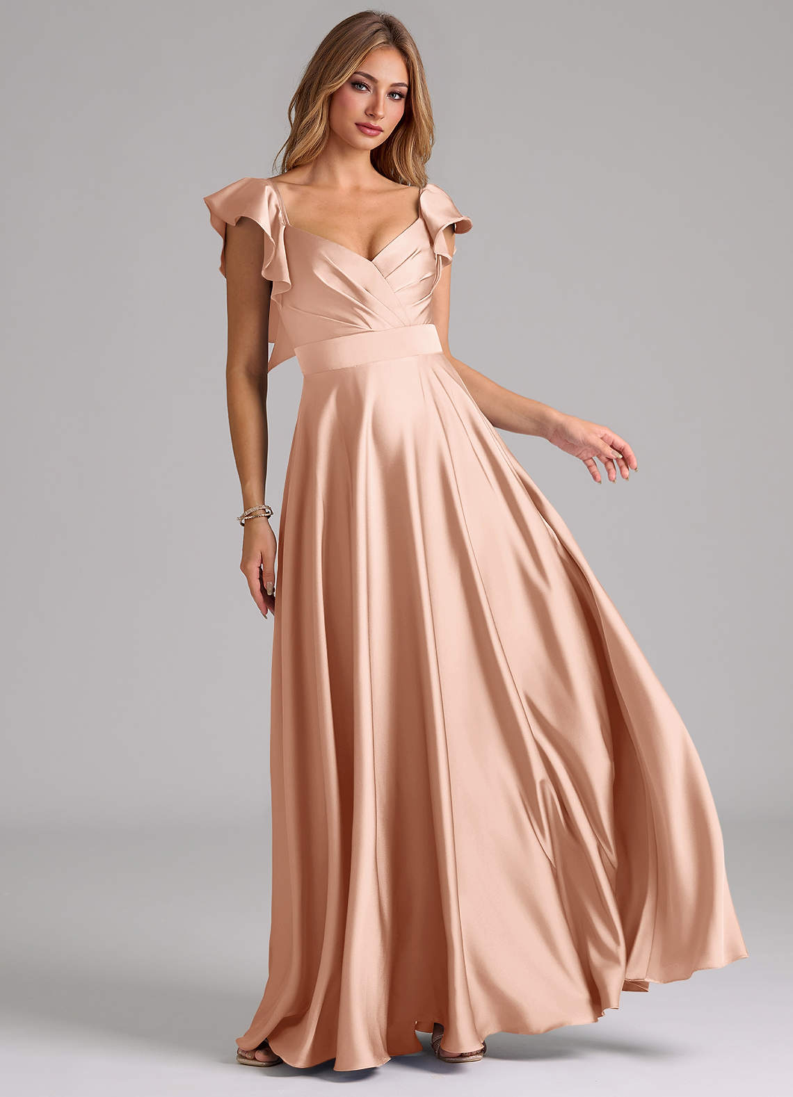 Azazie Leilani Bridesmaid Dresses Rose Gold A-Line Ruched Stretch Satin Dress image1