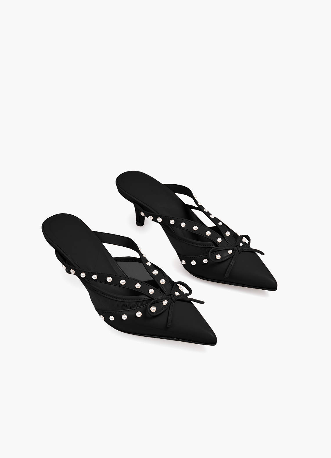 front Pearl and Bow Pointed Toe Kitten Heels