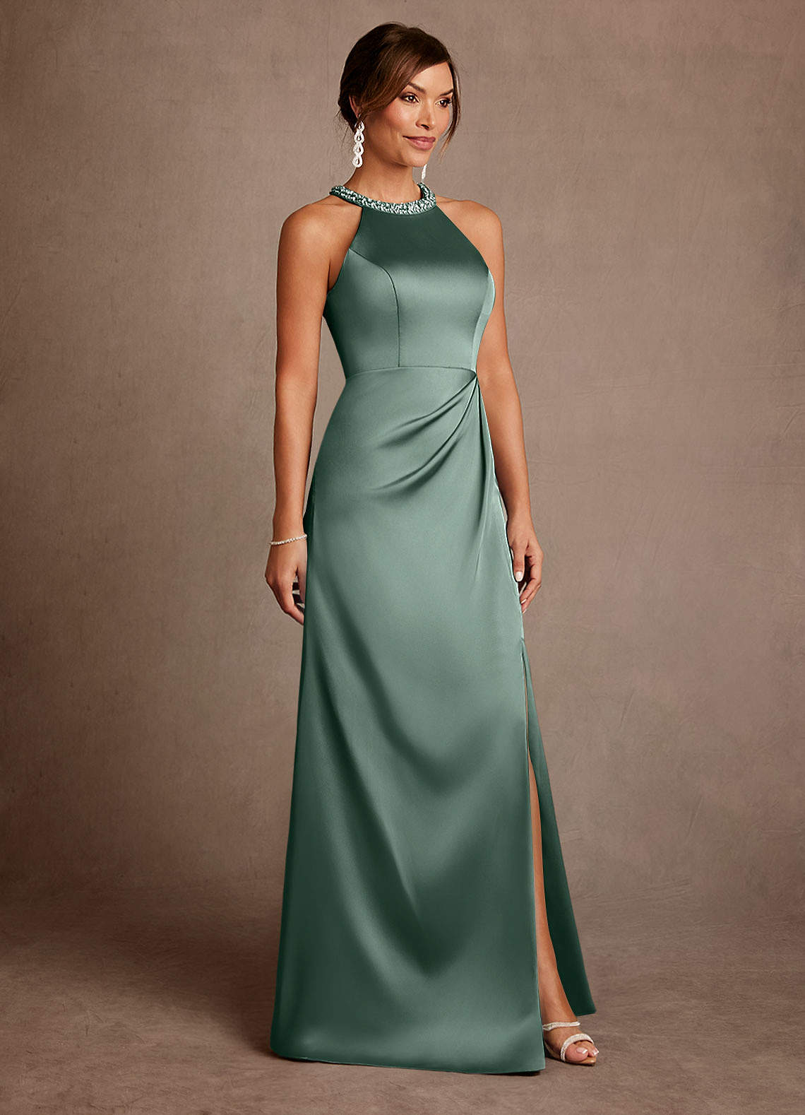 Emerald The Dresses Hunter Green Forest Green Mother Of Bride Dress Azazie  A-Line/Princess Halter Neck Floor-Length Stretch Satin Mother Of The Bride  Or Groom Dresses Eucalyptus