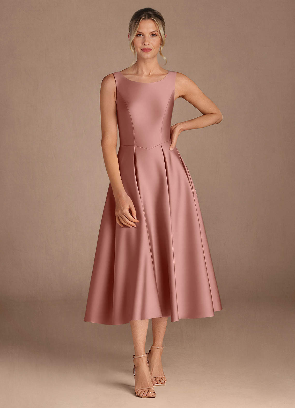 Azazie Fulton Mother of the Bride Dresses Rosette A-Line Pleated Stretch Satin Dress image3