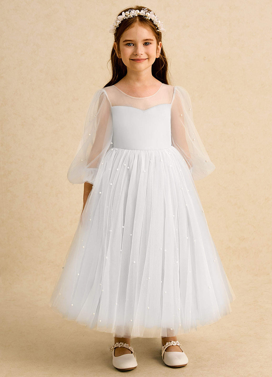 Azazie Trudy vestidos de niña de las flores Vestido de Blanco de Tul de Corte Princesa con Escote de Corazón image5