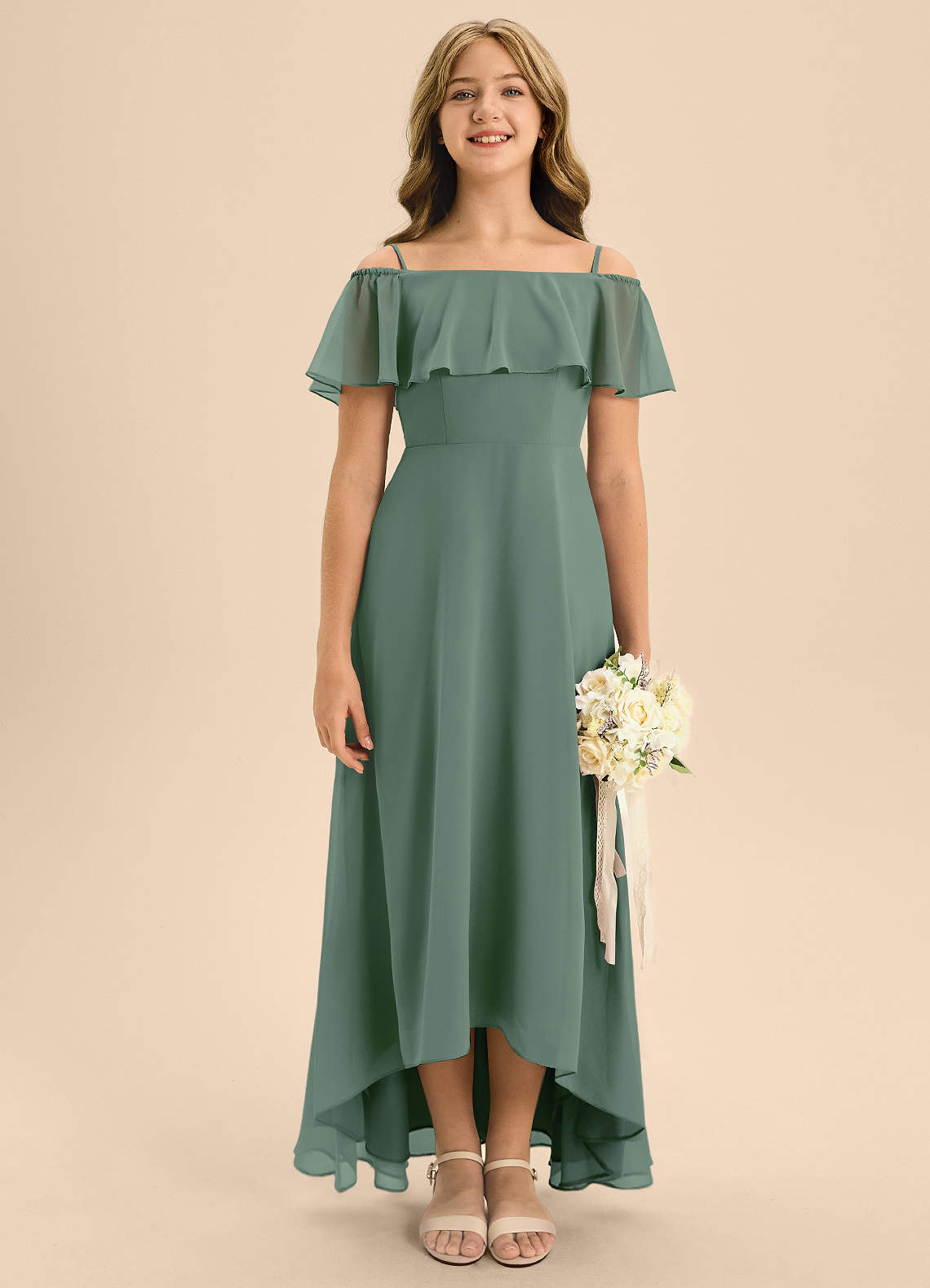 Azazie Maggie Junior Eucalyptus A-Line Off the Shoulder Chiffon Dress image1