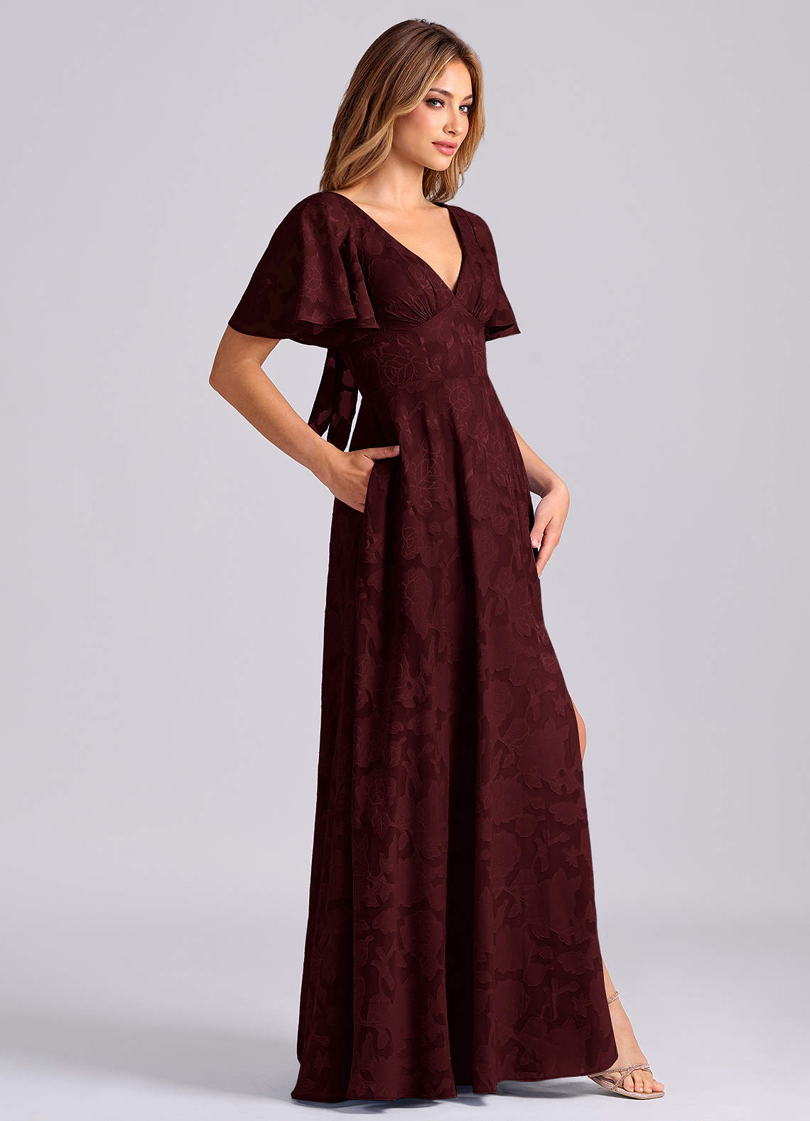 Azazie Kimber Bridesmaid Dresses Cabernet A-Line with Pockets Floral Burnout Dress image2