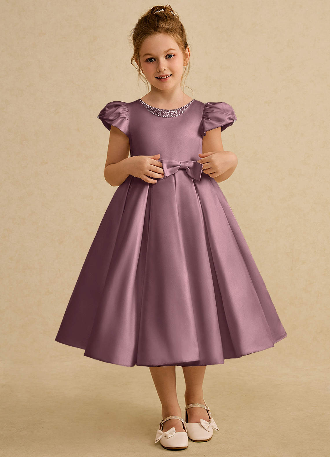 Azazie Pearl Flower Girl Dresses Vintage Mauve Ball-Gown Pleated Matte Satin Dress image1