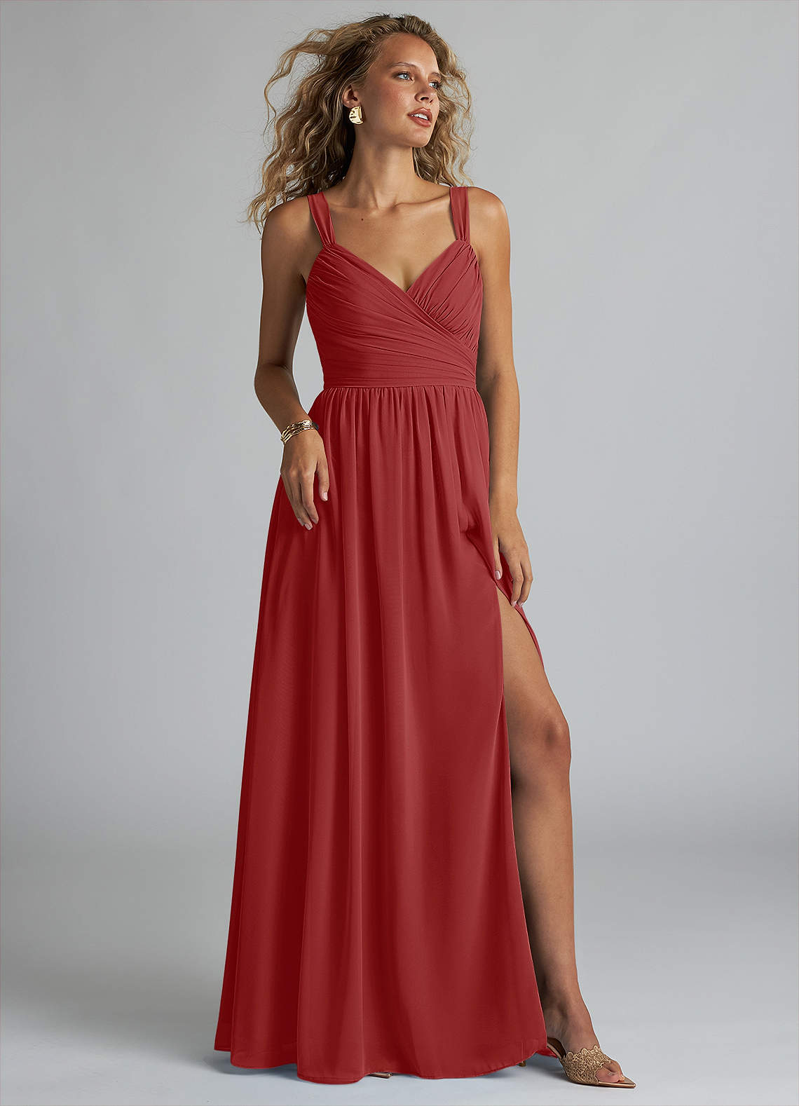 Azazie Aziza Bridesmaid Dresses Rust A-Line V-Neck Pleated Chiffon Dress image1