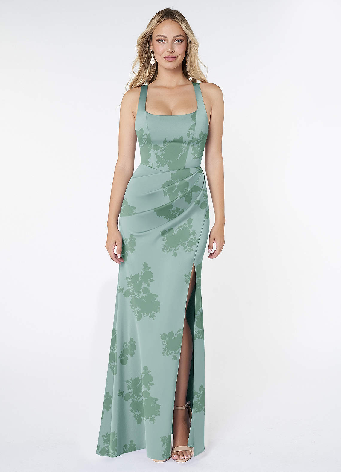 Azazie Mero Brautjungfernkleider Meerjungfrau-Linie Plissee Stretch-Satin Kleid Dusty Sage Floral image1