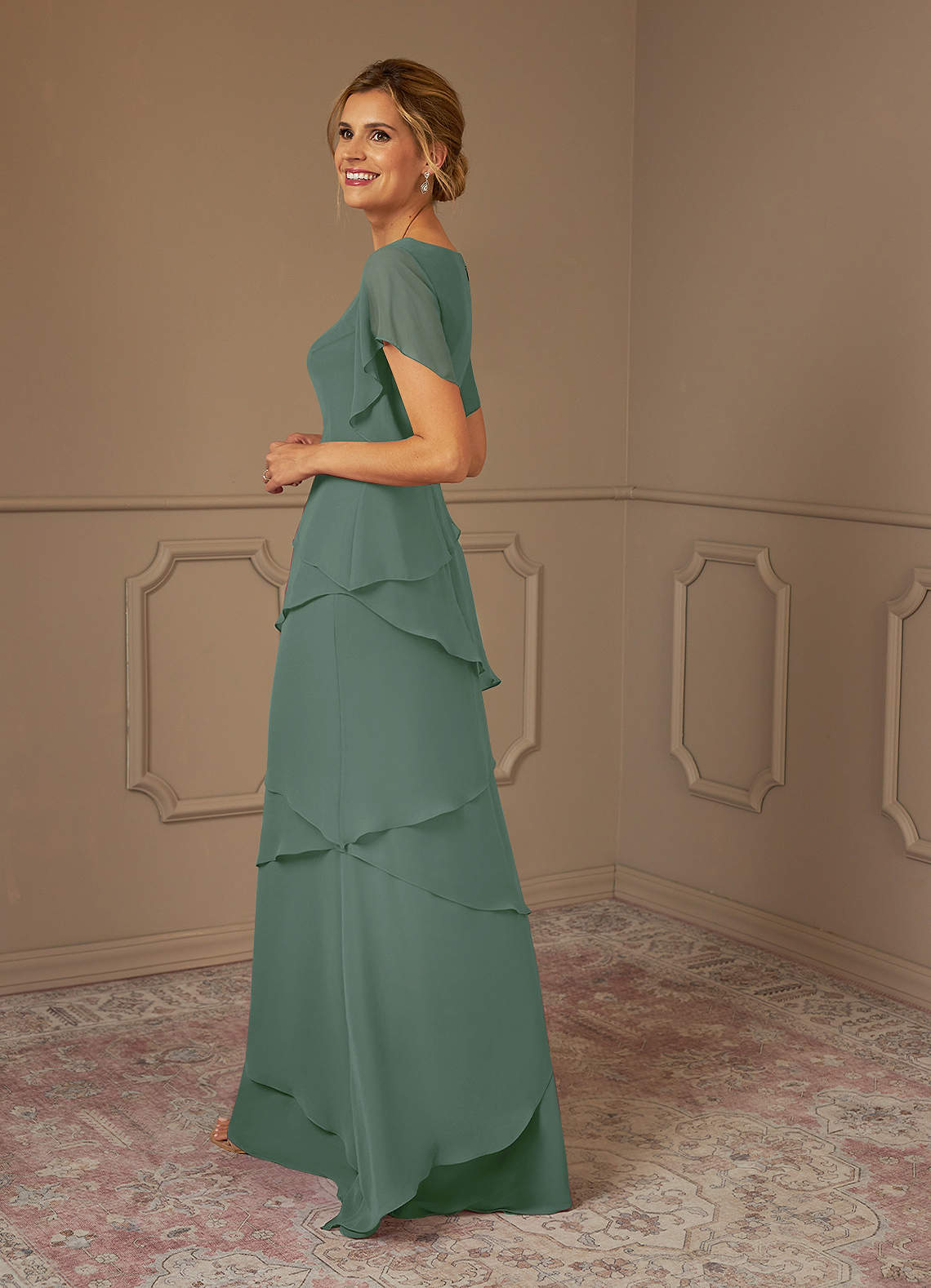 Azazie OHara Mère de la mariée Robes Robe Trapèze en Mousseline de soie Col V Eucalyptus image9