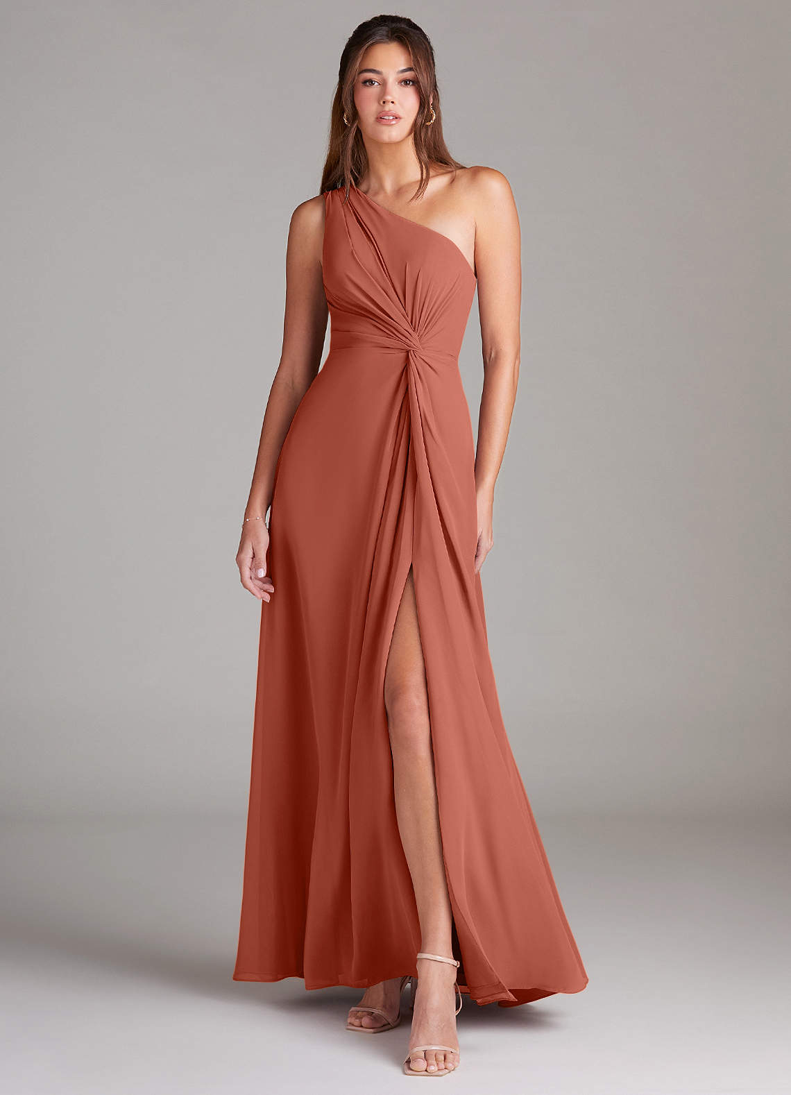 Azazie Brooke Jurken voor bruidsmeisjes Jurk van Chiffon met A-Lijn One-Shoulder Klei image1