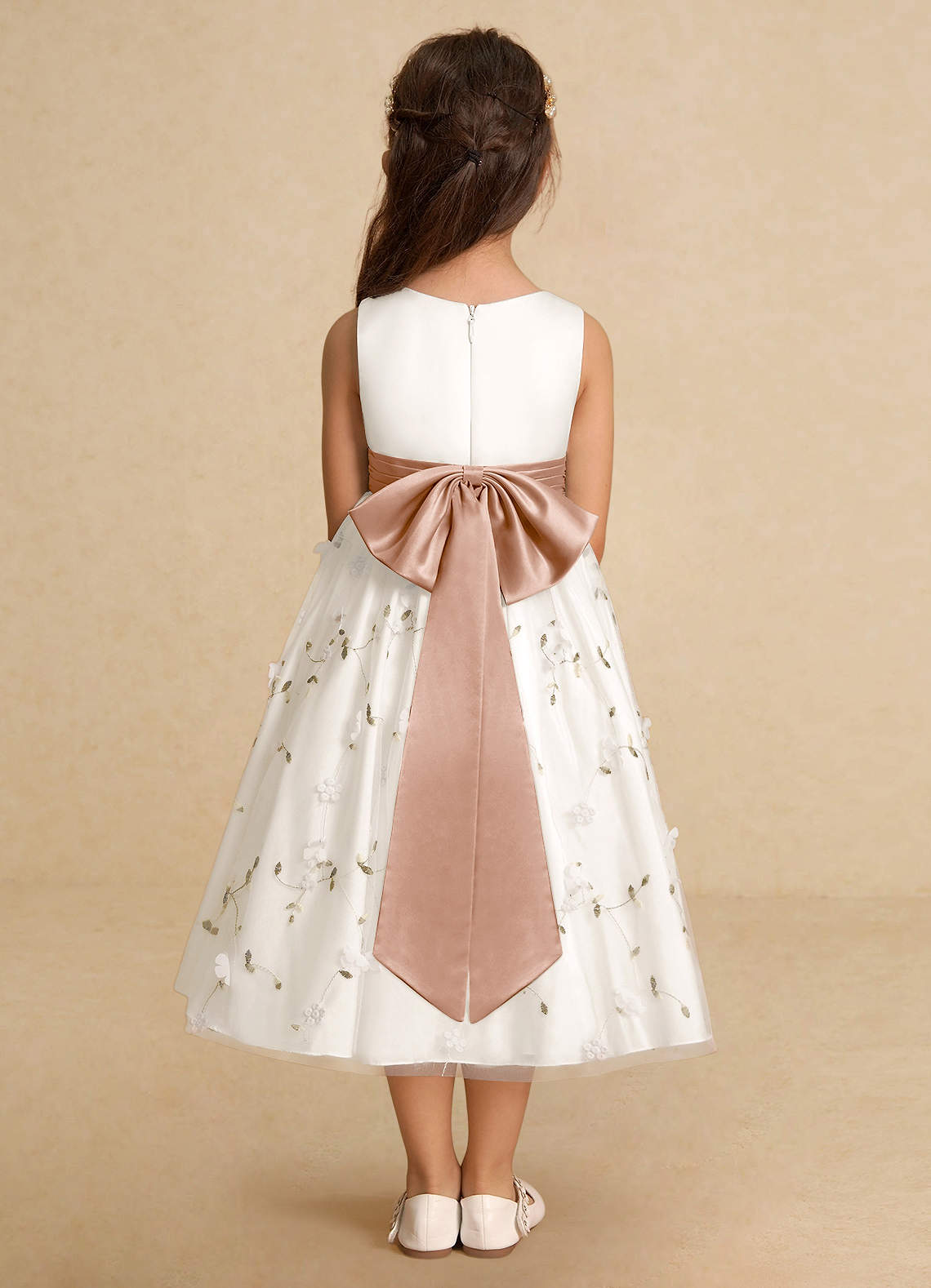 Azazie Pollie Flower Girl Dresses Ivory Champagne Rose A-Line Bow Tulle Dress image5