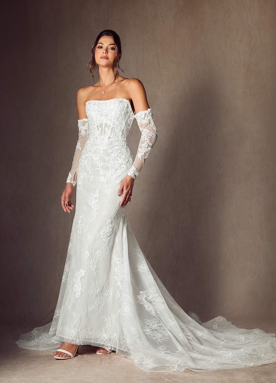 Azazie Caitlin Wedding Dresses Diamond White Mermaid Strapless Lace Dress image5